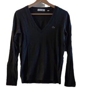 Lacoste Women's Long Sleeved V Neck Tee Shirt Pima Cotton Charcoal Grey Small 36
